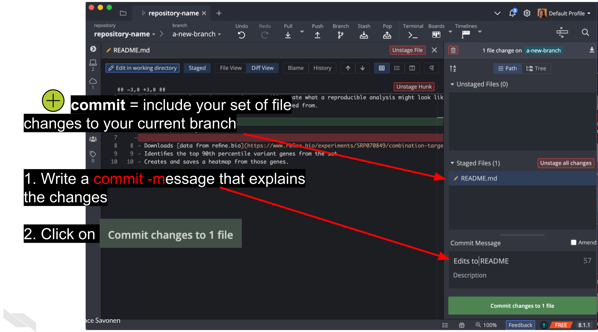 To commit files is to include your set of file changes to your current branch. Write a commit message that explains the changes. Now click on the button that says Commit changes to 1 file. To commit files is to include your set of file changes to your current branch. Write a commit message that explains the changes. Now click on the button that says Commit changes to 1 file.