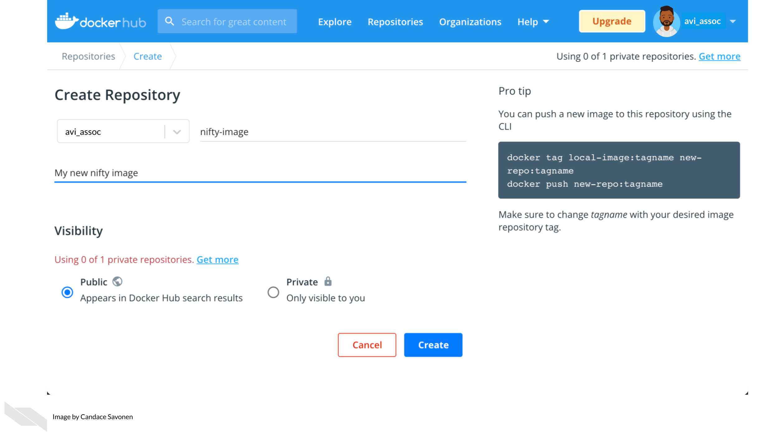 Upon adding the new repository to dockerhub, you will need name it the same as whatever you are calling it locally. You can put a description and name and click create. On the right it shows how you can interact with this from your local command line.