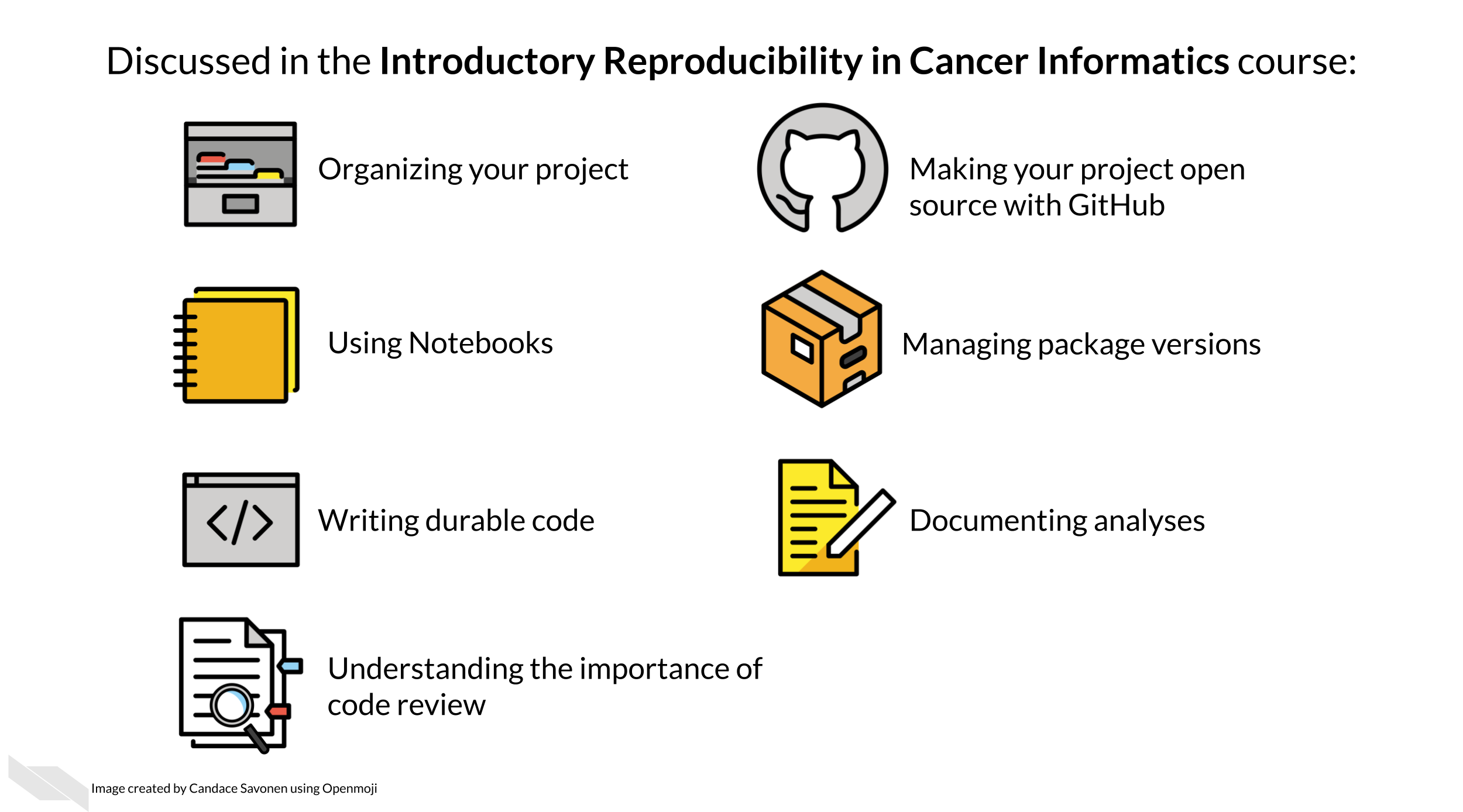Discussed in the Introductory Reproducibility in Cancer Informatics course: Organizing your project, using notebooks, Making your project open source with GitHub, using notebooks, managing package versions, writing durable code, documenting analyses, understanding the importance of code review.