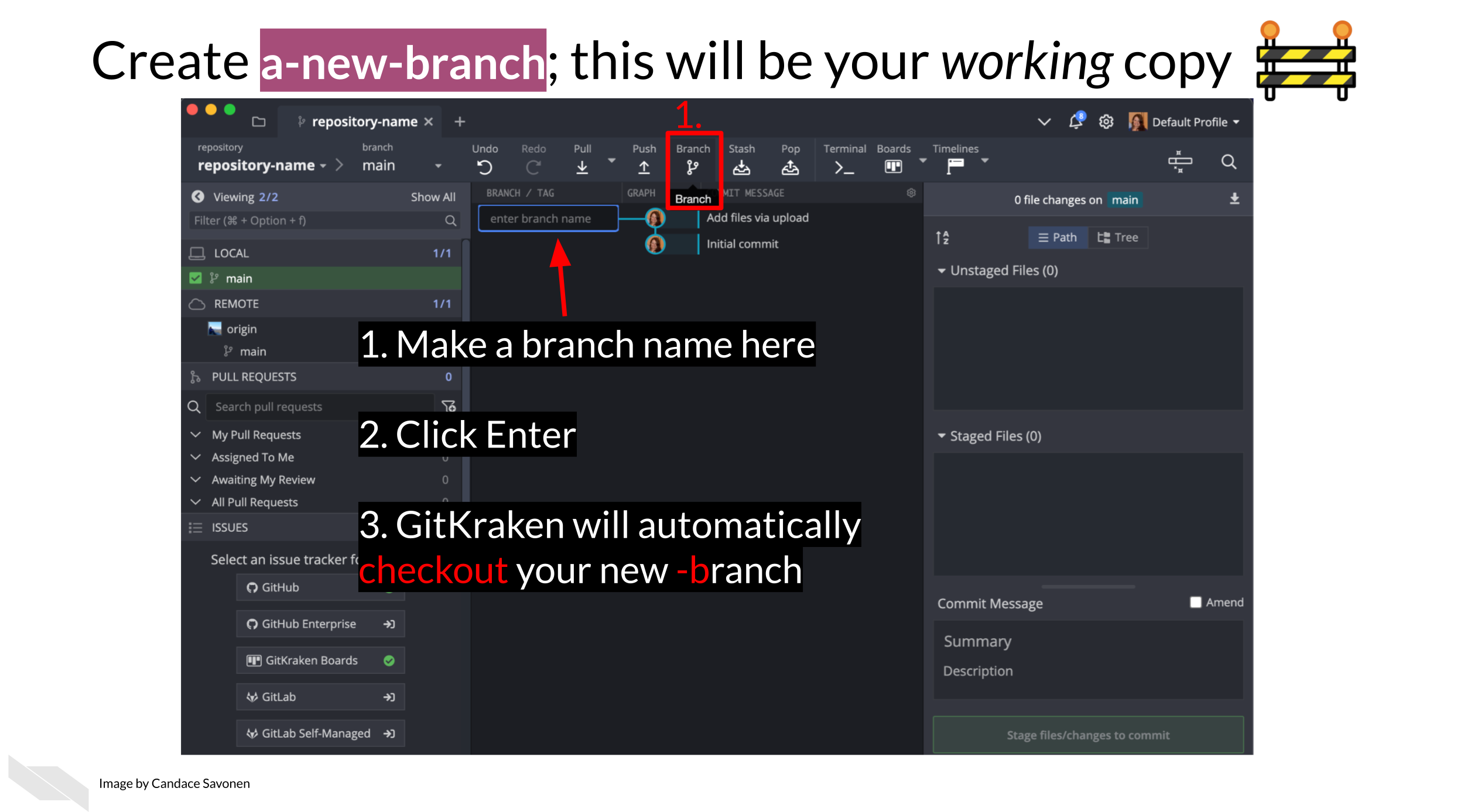 In GitKraken we can create a new branch; this will be your working copy. First, click the Branch button. Next, type in a branch name in the box that the cursor is blinking in. In our example, we are calling it a-new-branch. Then click Enter! Now you have a new branch!