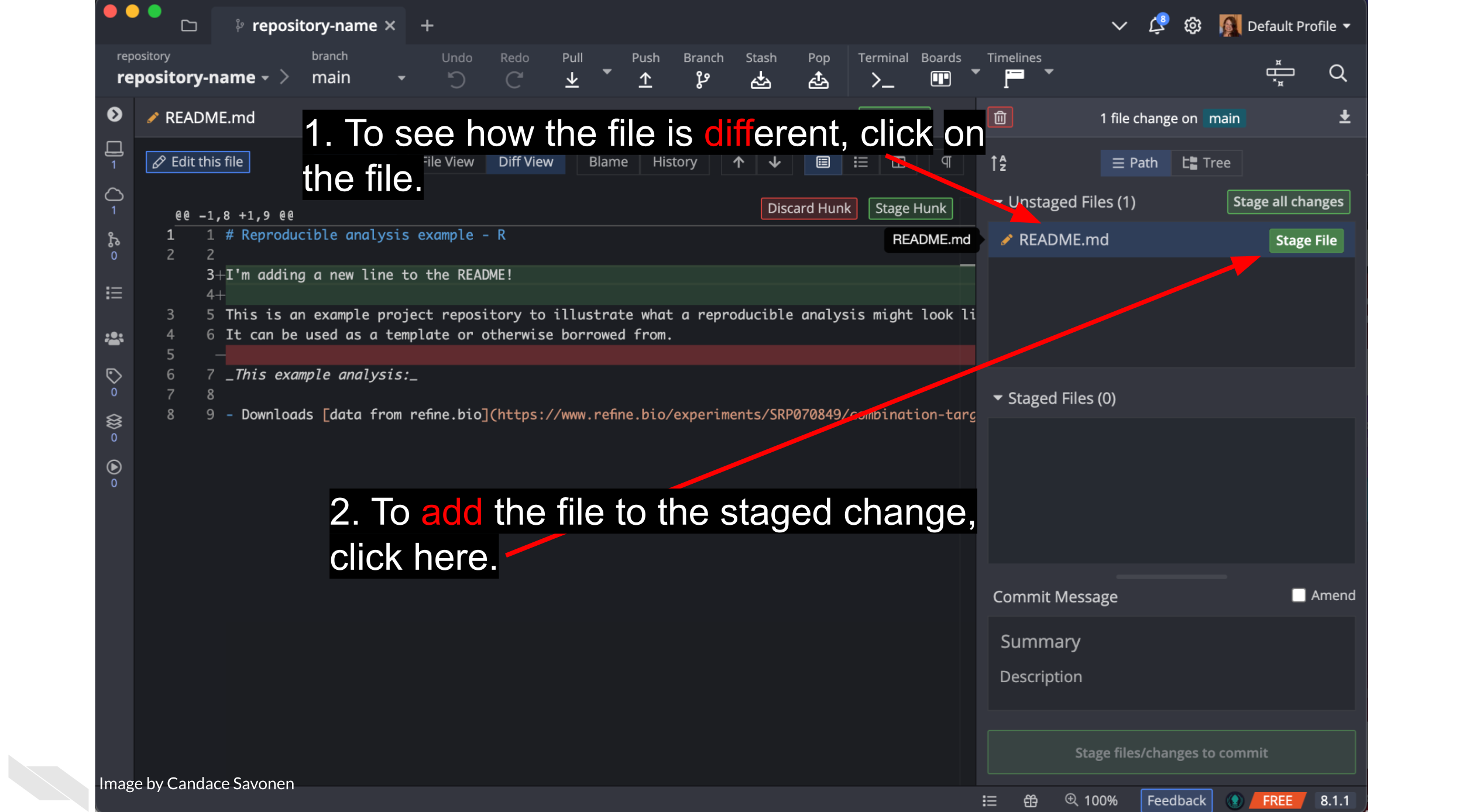 To see how the file is different, click on the filename in the right side of the GitKraken screen. To add the file to the staged change, click on the Stage File button. 