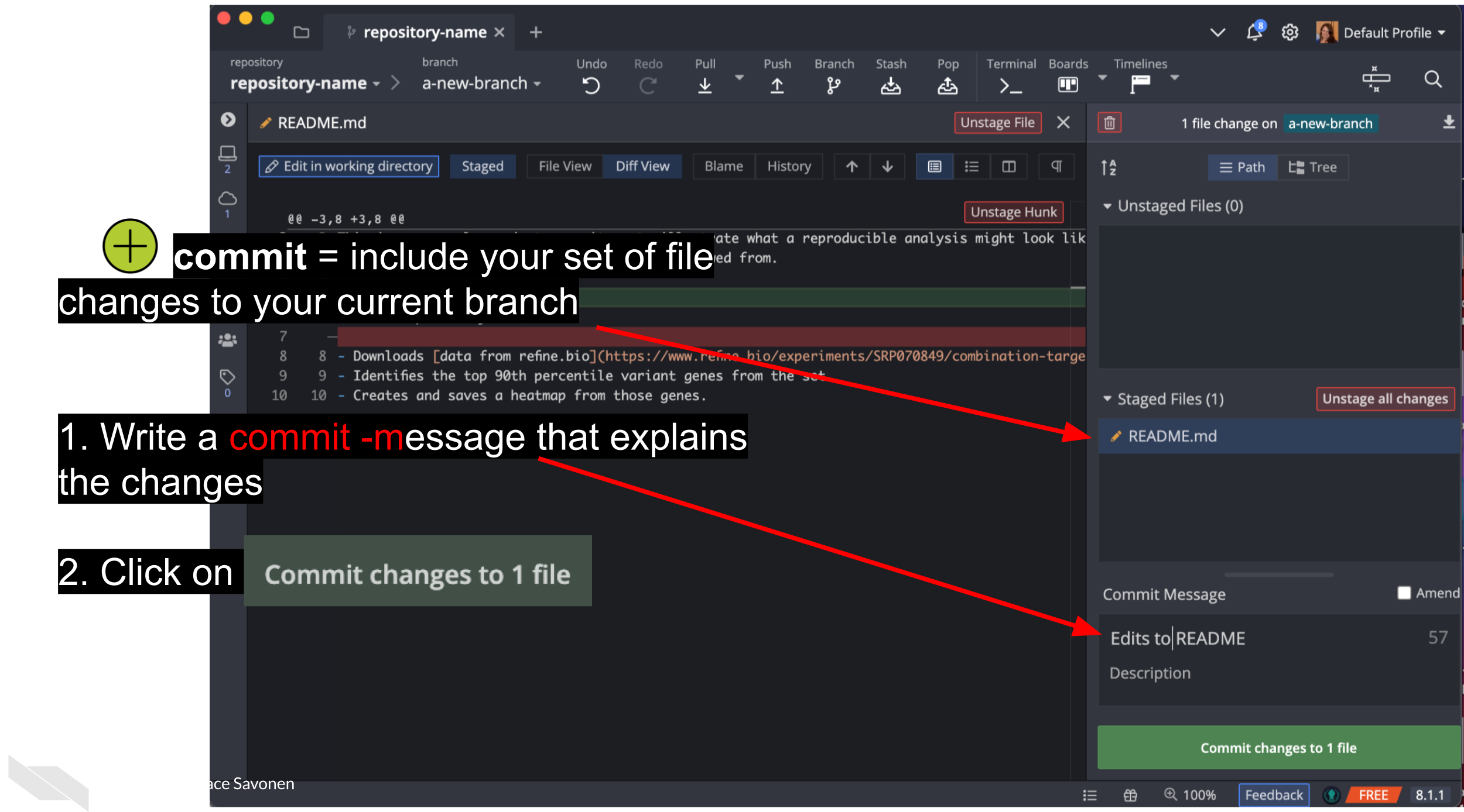 To commit files is to include your set of file changes to your current branch. Write a commit message that explains the changes. Now click on the button that says Commit changes to 1 file.