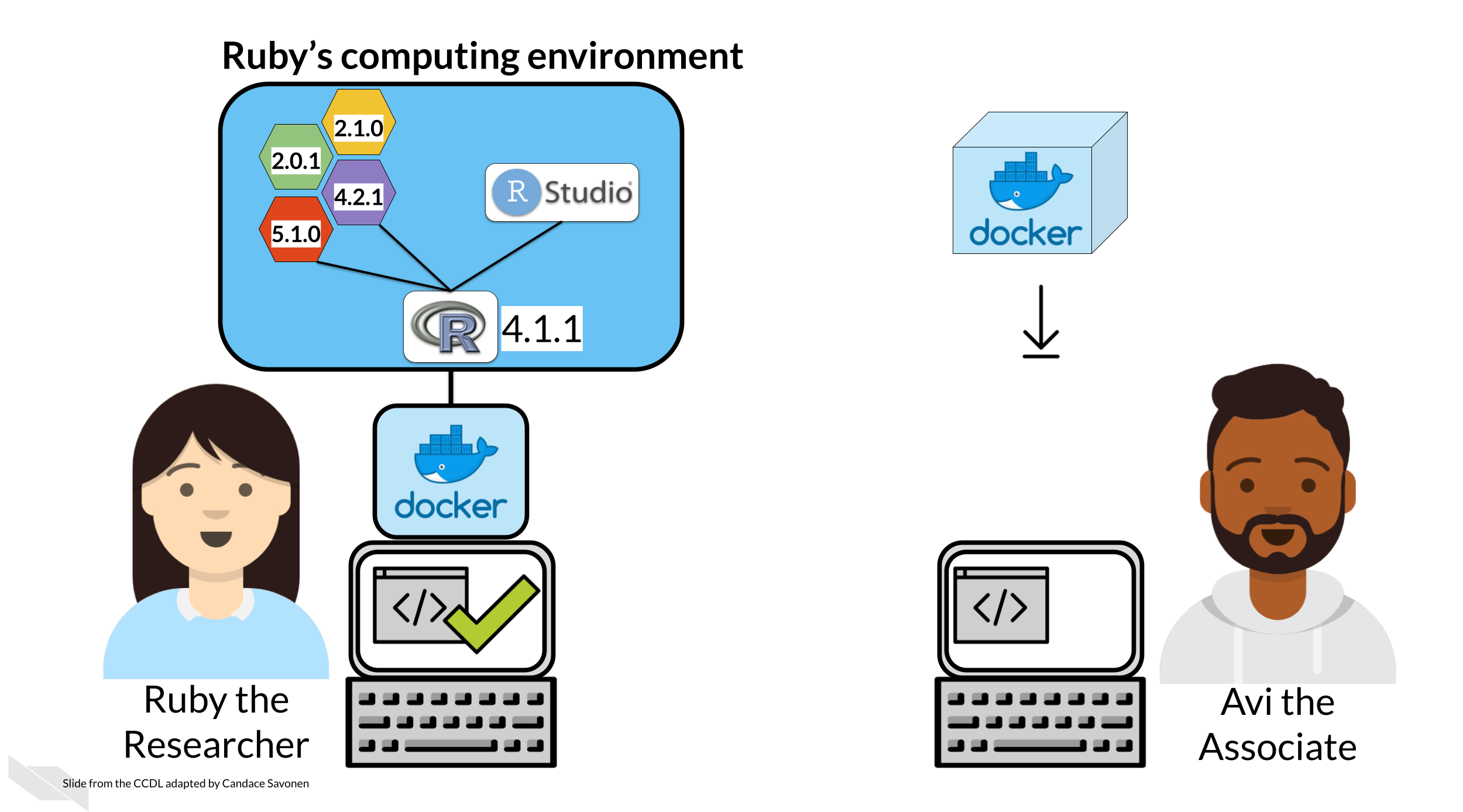 Ruby has a particular computing environment she has developed her code from but this time Ruby has this computing environment wrapped up in a Docker container. Avi the Associate is able to download the exact computing environment Ruby used for her analysis.