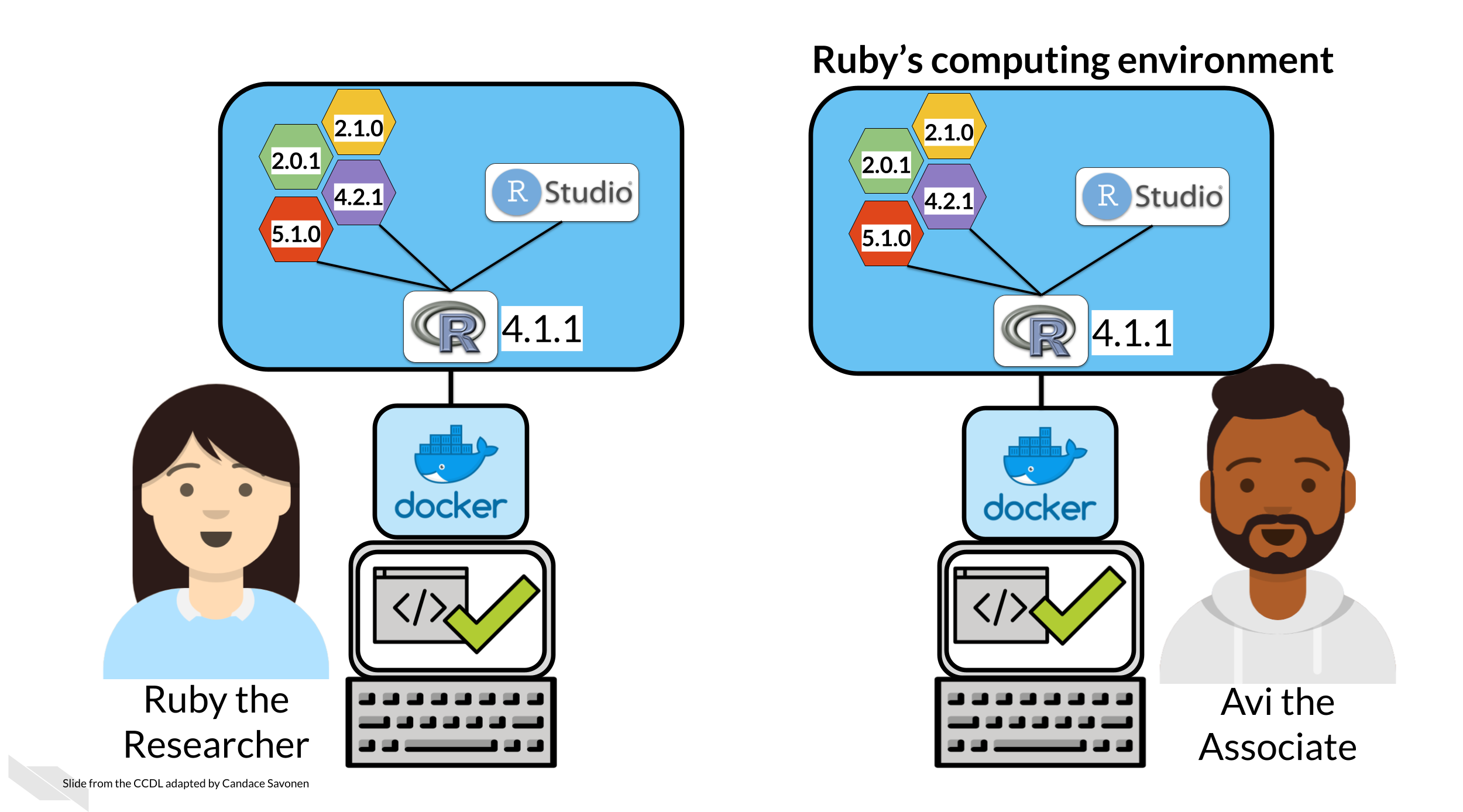 Ruby and Avi are using Docker and can ensure that they are using the exact same computing environment as they are working on Ruby’s analysis.