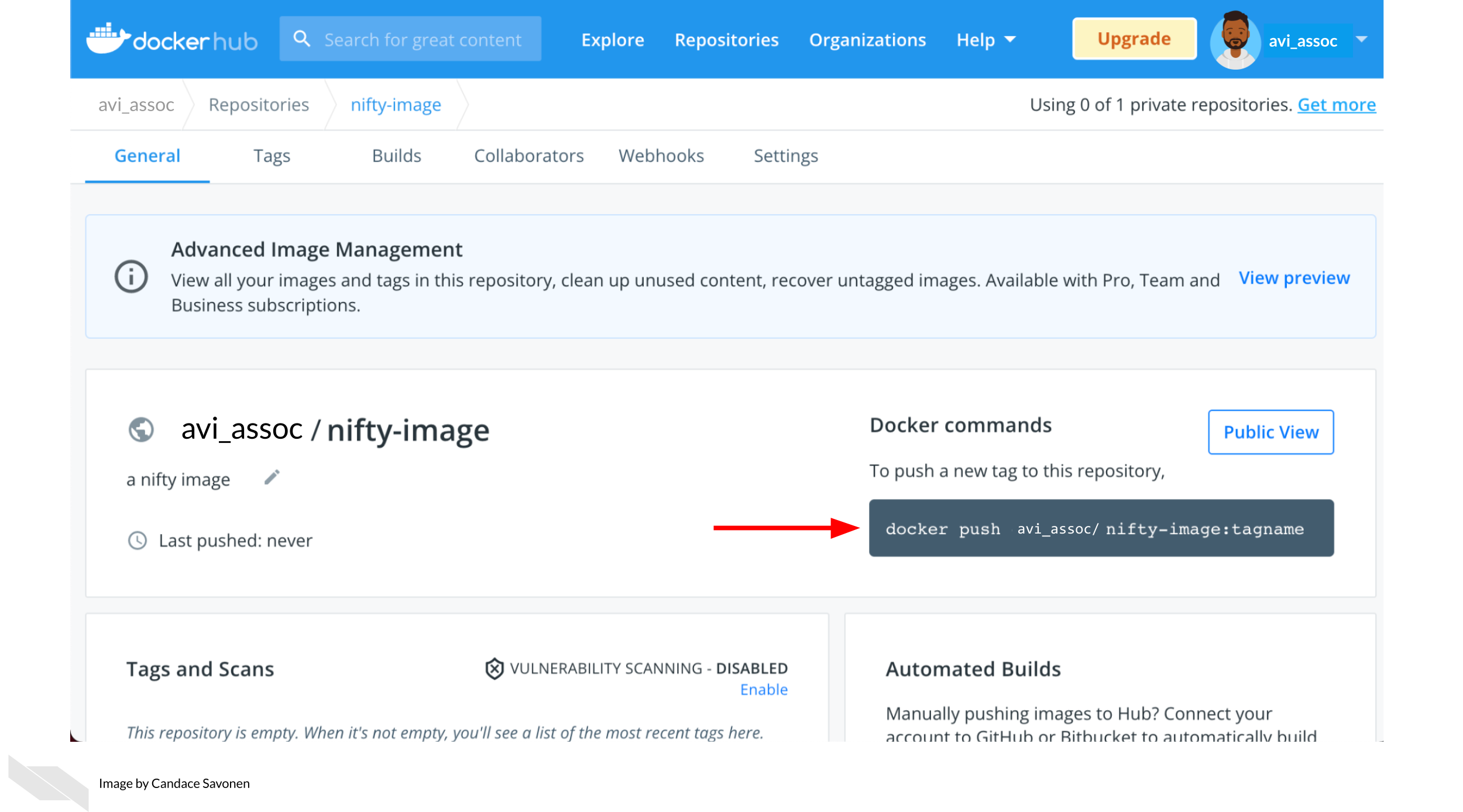 After you've created the image repository, you will be brought to the image repository page. It will tell you Last pushed: never. On the right it will tell you the command you will need in order to push the image to dockerhub.