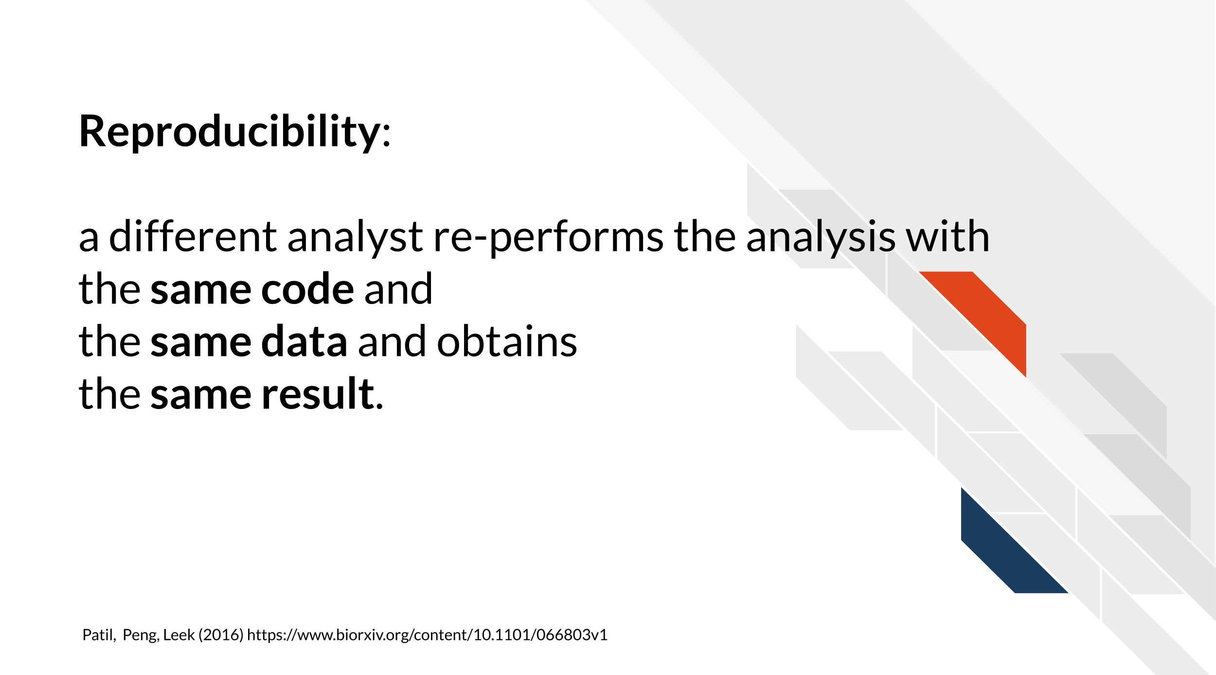 Reproducibility is a different analyst re­-performing the same analysis with the same code and data.