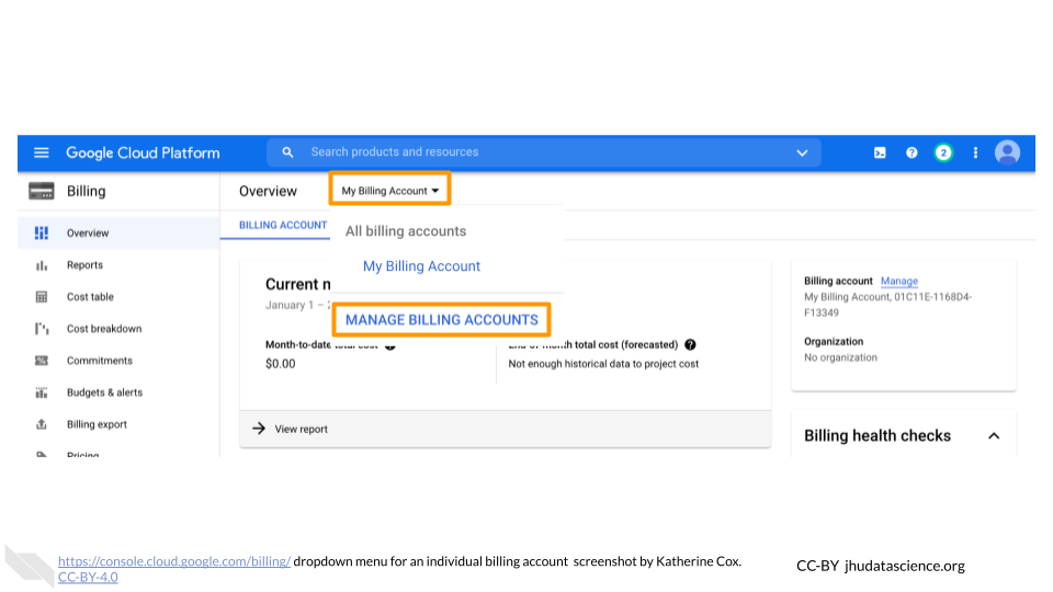 Screenshot of an individual Google Cloud Billing Account with the drop-down menu item "Manage Billing Accounts" highlighted.