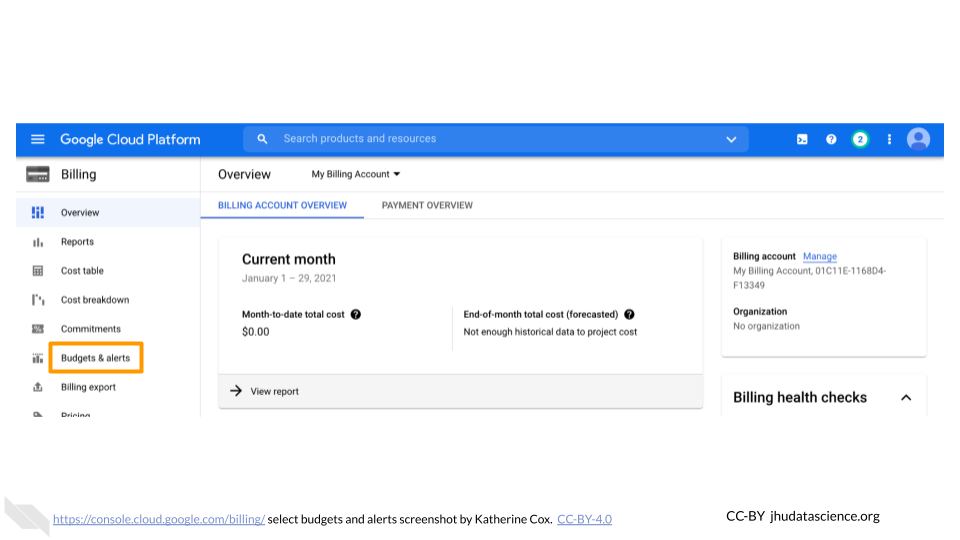 Screenshot of an individual Google Cloud Billing Account with the left-hand menu item "Budgets & alerts" highlighted.