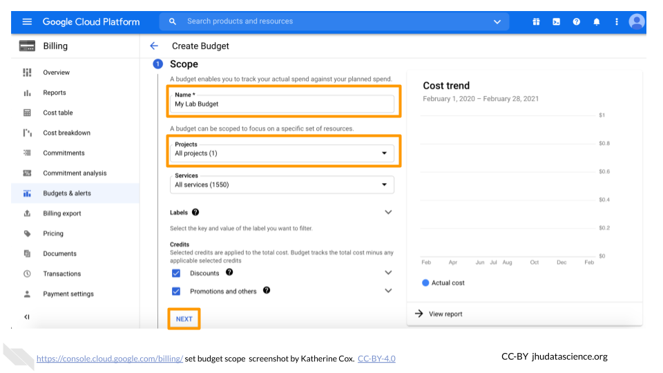Screenshot of the form for setting budget scope for a Google Cloud Billing Account. Three things are highlighted:  1) the box for entering a "Name" for the budget, 2) the dropdown menu labeled "Projects" for selecting which Billing Projects are part of the budget, and 3) the "Next" button.