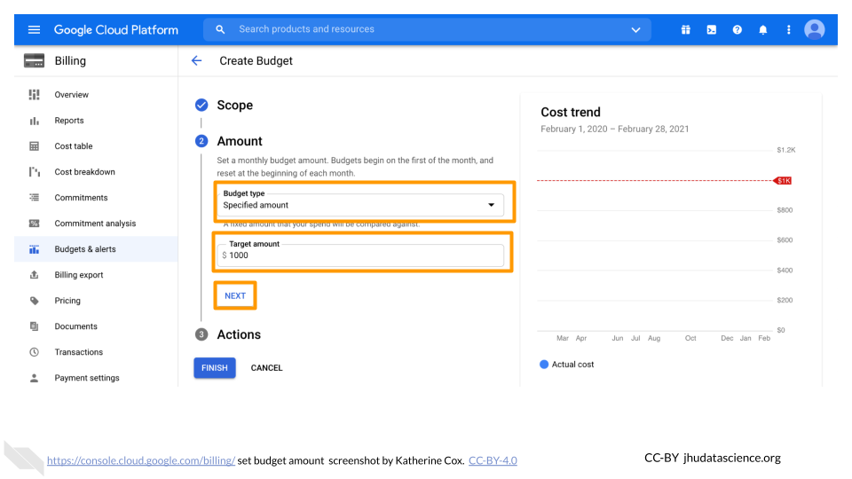 Screenshot of the form for setting budget amount for a Google Cloud Billing Account.  The drop-down menu labeled "Budget type" is highlighted and "Specified amount" is selected.  Also highlighted are the text box labeled "Target amount" and the "Next" button.