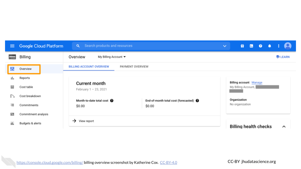Screenshot of a Google Cloud Billing Account Overview.