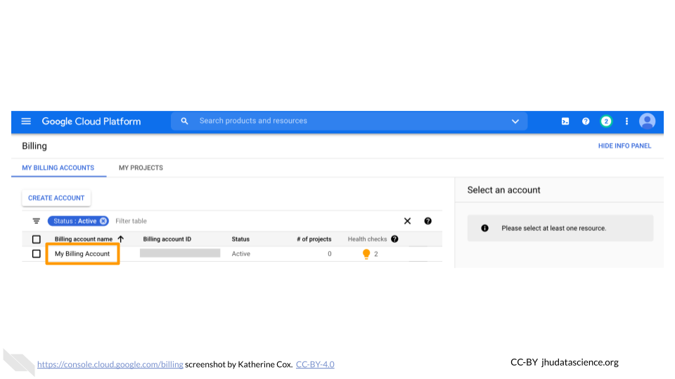 Screenshot of Google Cloud Billing Accounts Overview. A Billing Account name is highlighted.