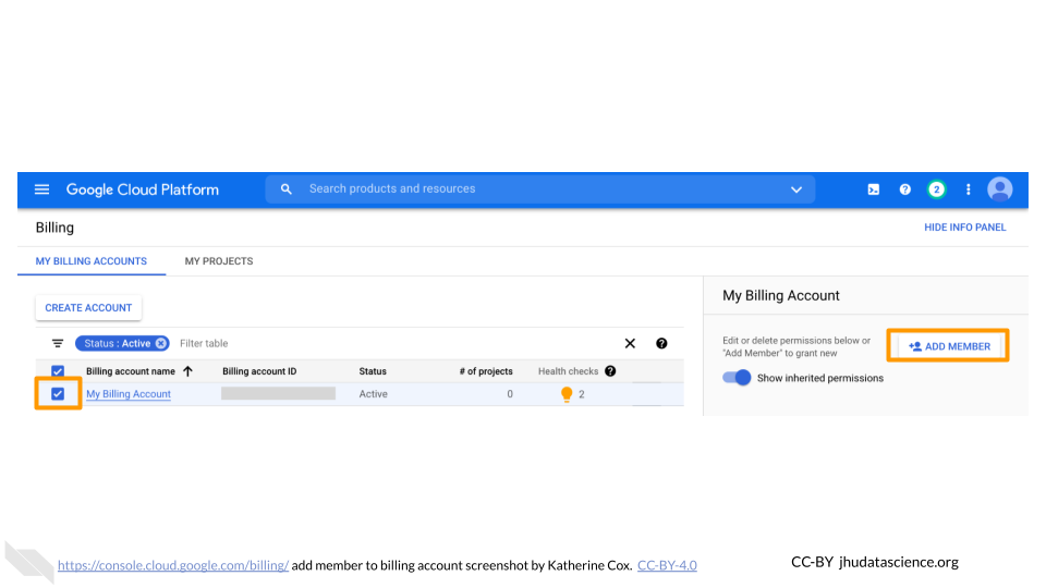 Screenshot of Google Cloud Billing Accounts Overview. The checkbox next to the name of a Billing Account is checked and highlighted, and the "Add Member" button is highlighted.