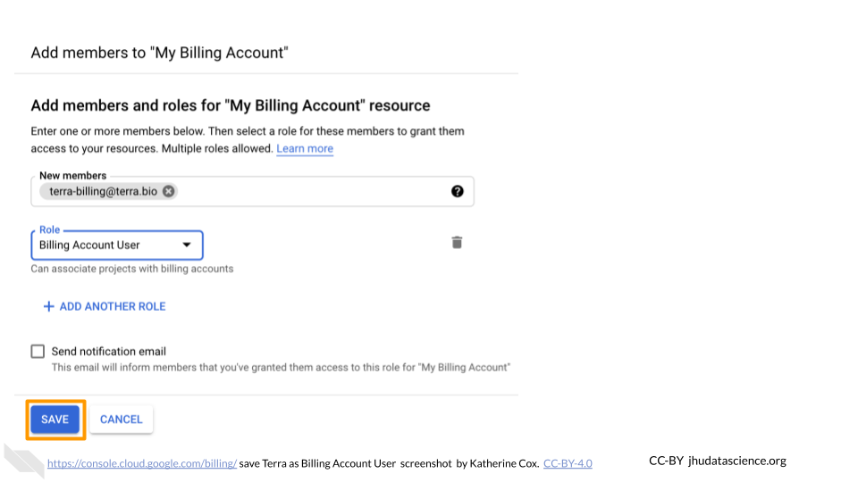 Screenshot of the dialogue box for adding a member to a Google Cloud Billing Accounts. The Save button is highlighted.