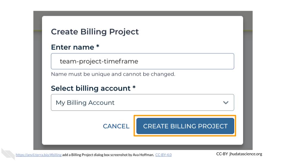 Screenshot of the Terra Add Billing Project dialog box.  The button labeled "CREATE BILLING PROJECT" is highlighted.