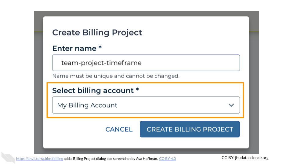 Screenshot of the Terra Add Billing Project dialog box.  The dropdown menu labeled "Select billing account" is highlighted.