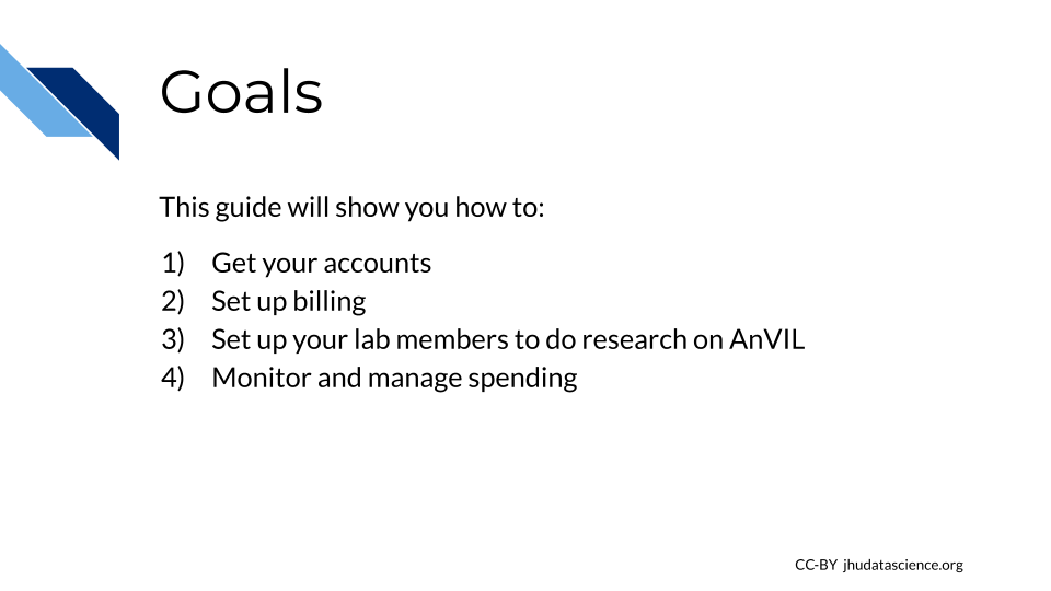 List of goals for this guide: 1) get your accounts, 2) set up billing, 3) set up your lab members to do research on AnVIL, and 4) monitor and manage spending.