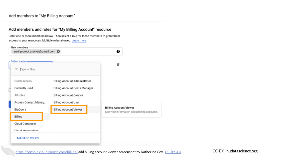 Screenshot of the dialogue box for adding a member to a Google Cloud Billing Accounts. In the drop-down menu labeled "Select a Role", the item "Billing" and the submenu item "Billing Account Viewer" are highlighted.