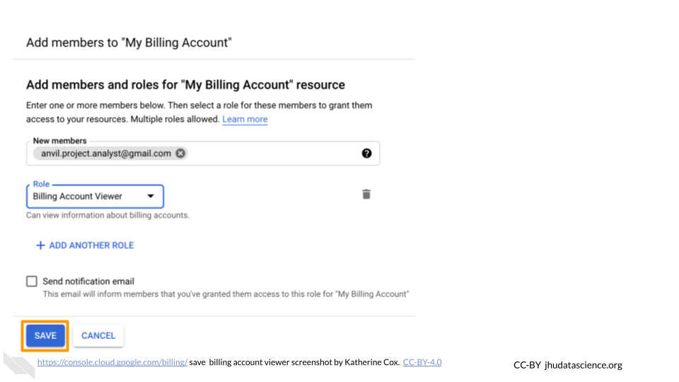 Screenshot of the dialogue box for adding a member to a Google Cloud Billing Accounts. The Save button is highlighted.