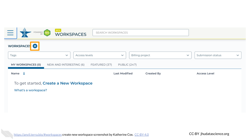 Screenshot of Terra Workspaces page.  The "+" is highlighted.