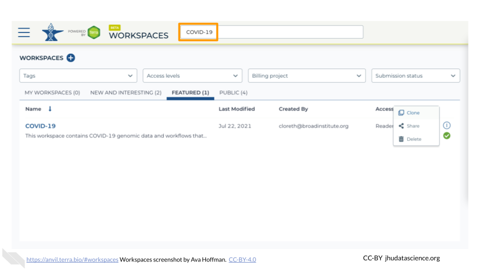 Screenshot of Terra "My Workspaces" menu. The search bar is highlighted and the user has typed in the term "COVID-19". A Workspace related to COVID-19 appears in the results.