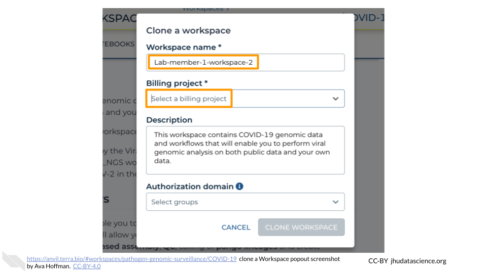 Screenshot of the "clone workspace" Terra popup dialog box. The Workspace name and Billing Project dropdown are highlighted. Text has been filled in for the Workspace name as "Lab-member-1-workspace-2".