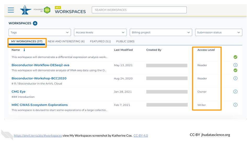 Screenshot of Terra Workspaces page with the "My Workspaces" tab selected.  The "My Workspaces" tab and the column showing permission level are highlighted.