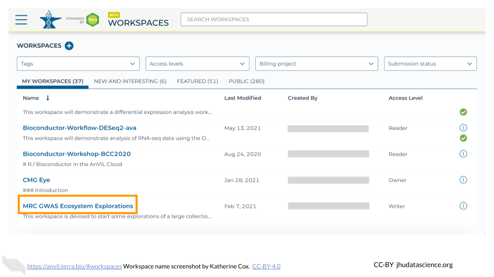 Screenshot of Terra Workspaces page with the "My Workspaces" tab selected.  The name of one of the Workspaces is highlighted.
