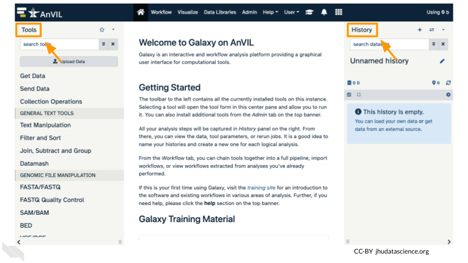 Screenshot of the Galaxy landing page. The Tools and History headings have been highlighted.