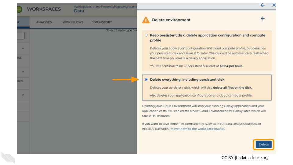 Screenshot of the cloud environment pop out menu. The “Delete everything, including persistent disk” radio button has been checked and is highlighted. The “Delete” button is highlighted.