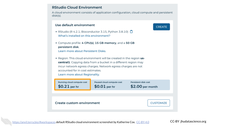Screenshot of the RStudio Cloud Environment dialogue box. The cost to run the environment is highlighted.