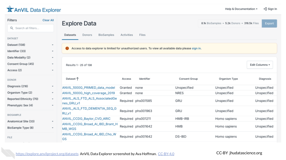 Image shows a screenshot of the AnVIL Data Explorer website landing page.