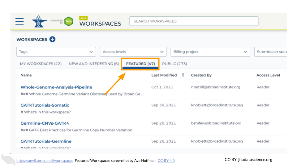 Image shows a screenshot of the Featured Workspaces tab on AnVIL. The featured tab is highlighted.