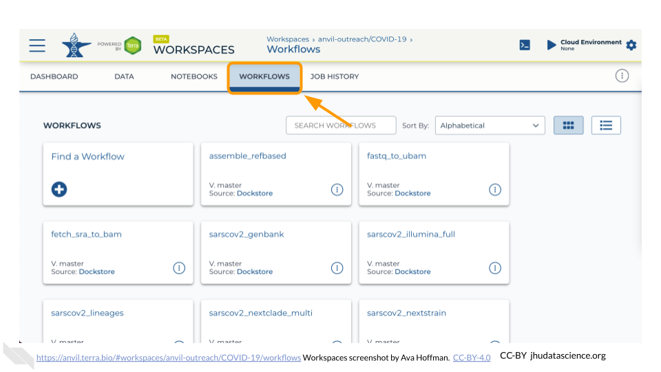 Image shows a screenshot of the Workspace, with the Workflows Tab highlighted.