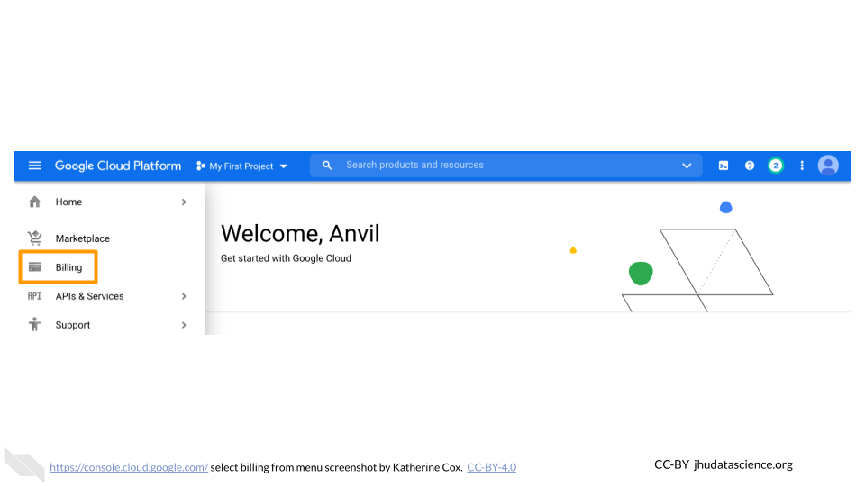 Screenshot of the Google Cloud Console drop-down menu, with "Billing" highlighted.