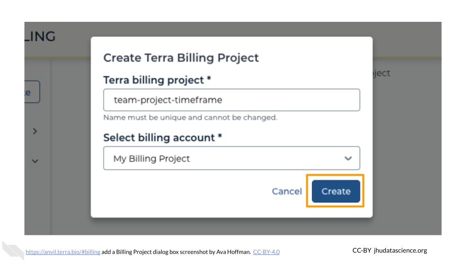 Screenshot of the Terra Add Billing Project dialog box.  The button labeled "CREATE BILLING PROJECT" is highlighted.