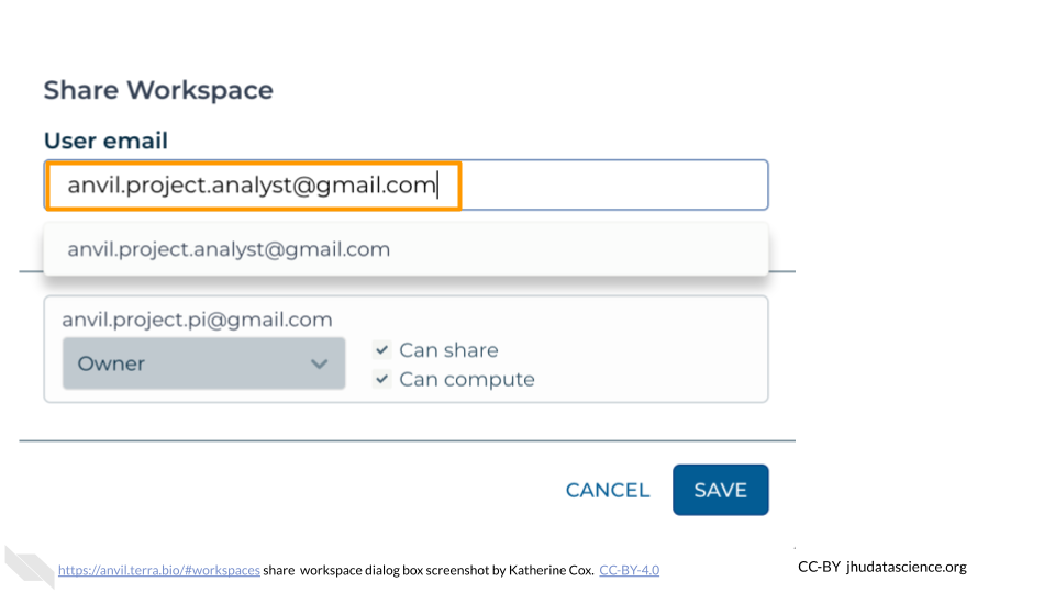 Screenshot of the dialog box for sharing a Terra Workspace.  The text box labeled "User email" is highlighted.