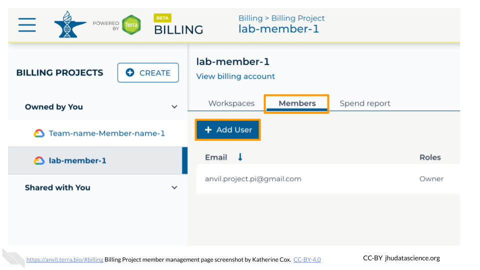 Screenshot of a Terra Billing Project management page.  The tab labeled "Members" is highlighed and has been selected, and the button labeled "Add User" is highlighted.