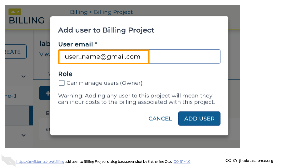 Screenshot of the dialog box for adding users to a Terra Billing Project.  The textbox labeled "User email" is highlighed and has been filled in.