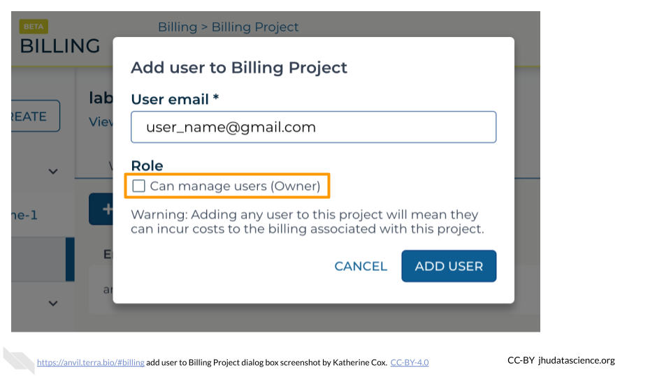 Screenshot of the dialog box for adding users to a Terra Billing Project.  The checkbox labeled "Can manage users (Owner)" is highlighed.