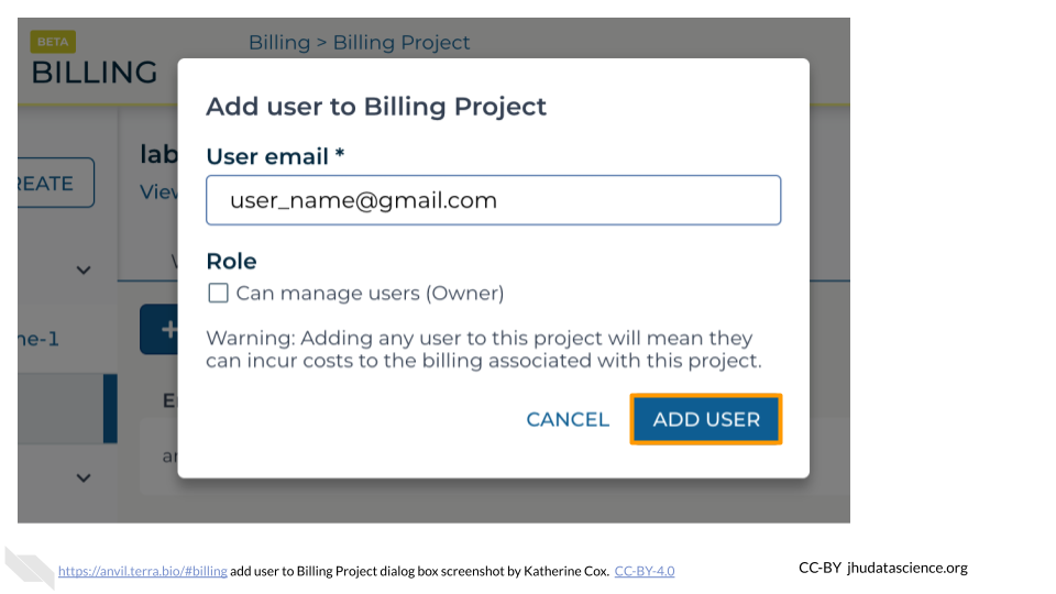 Screenshot of the dialog box for adding users to a Terra Billing Project.  The button labeled "ADD USER" is highlighed.