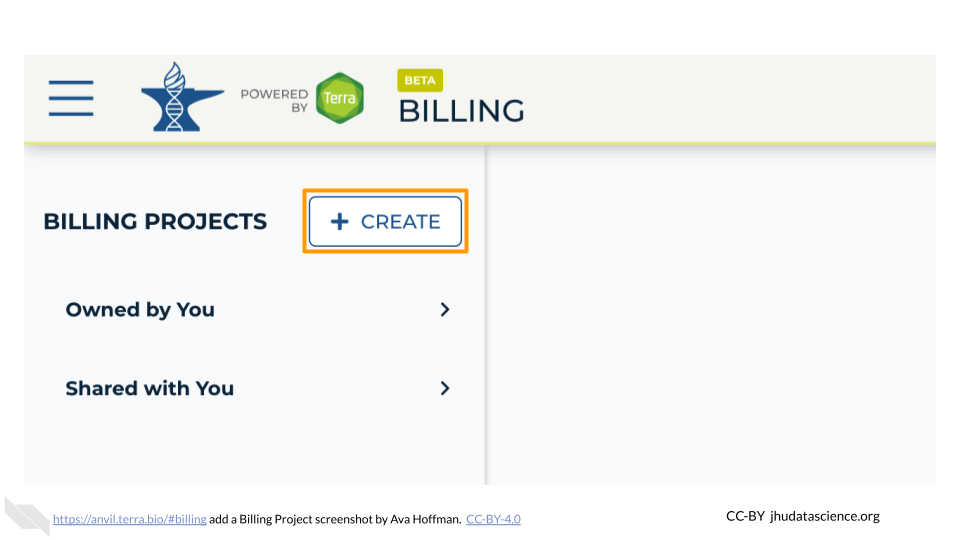 Screenshot of the Terra Billing Page.  The "plus" button next to "Billing Projects" is highlighted.