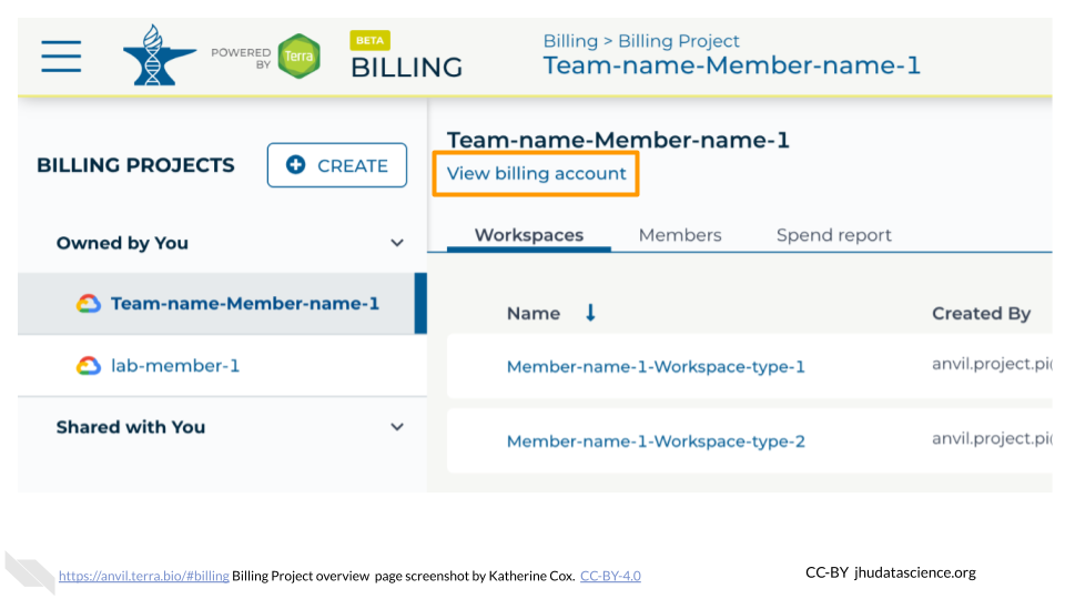 Screenshot of a Terra Billing Project management page.  The button labeled "view billing account" is highlighted.