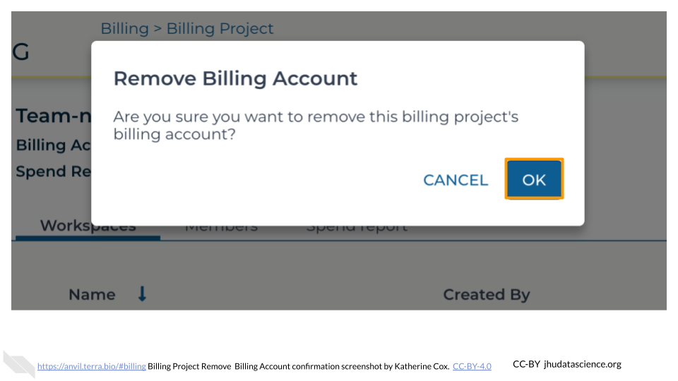 Screenshot of the dialoge box confirming removal of the Billing Account from a Terra Billing Project.  The button labeled "OK" is highlighted.