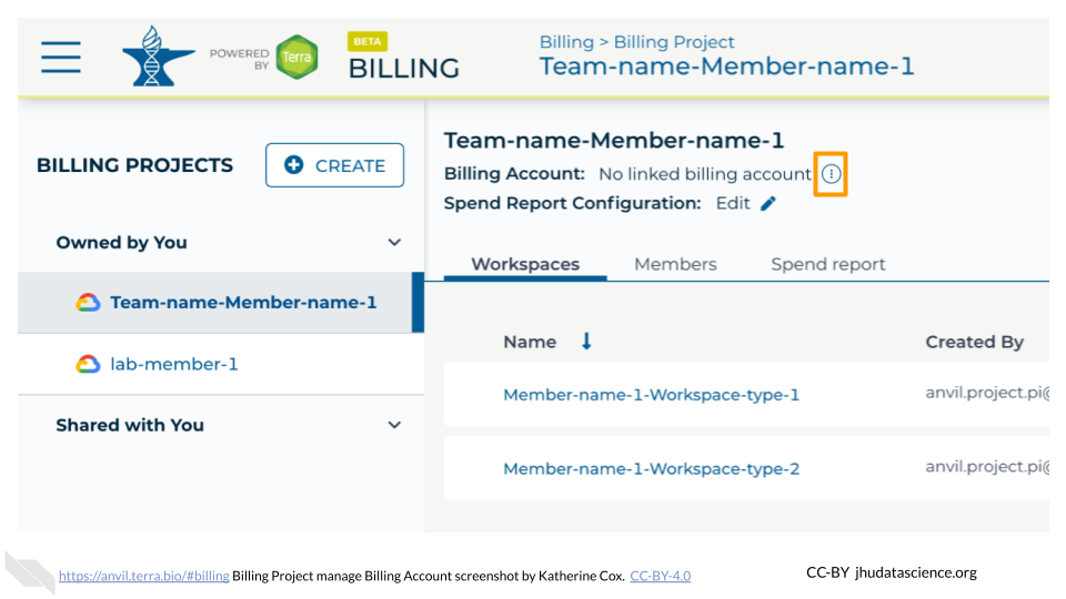 Screenshot of a Terra Billing Project management page.  The teardrop button next to the Billing Account information is highlighted.