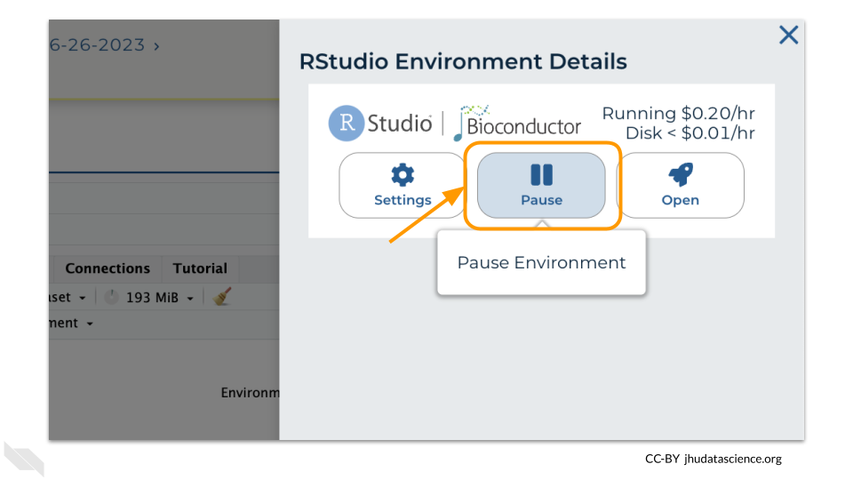 Screenshot of the RStudio menu. The pause button which stops the cloud environment is highlighted.