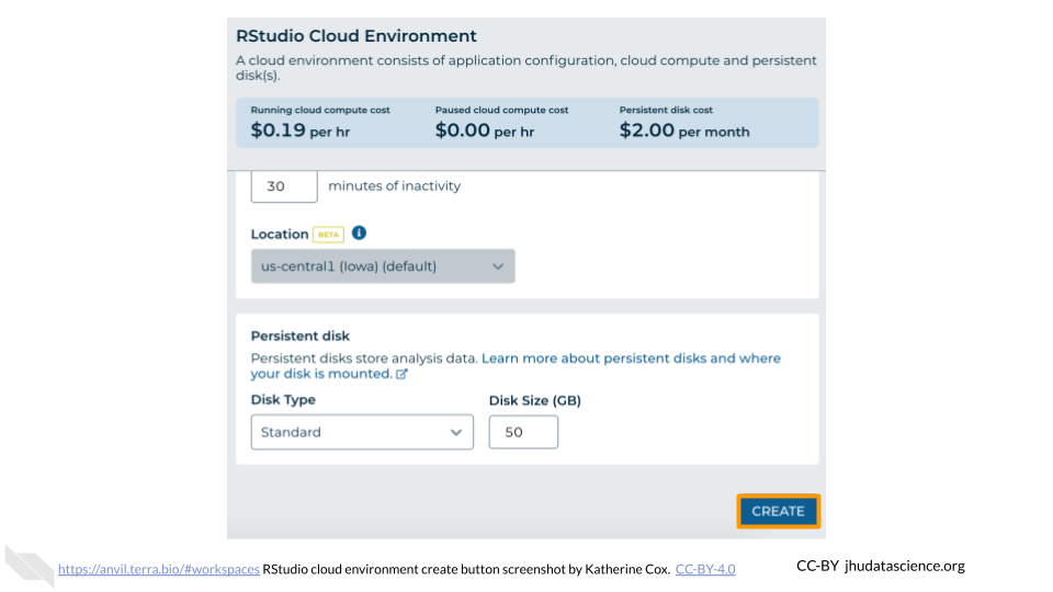 Screenshot of the RStudio Cloud Environment dialogue box. The "CREATE" button is highlighted.