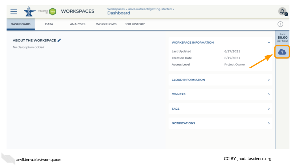 Screenshot of the Workspace that points to the Environment configuration button, an icon of a cloud with a lightning bolt.