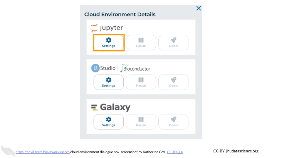 Screenshot of the Cloud Environment Details dialogue box. The Settings button under Jupyter is highlighted.