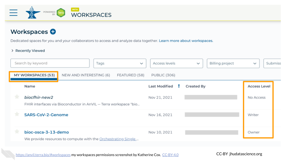 Screenshot of Terra Workspaces page with the "MY WORKSPACES" tab selected.  The "MY WORKSPACES" tab and the column showing permission level are highlighted.